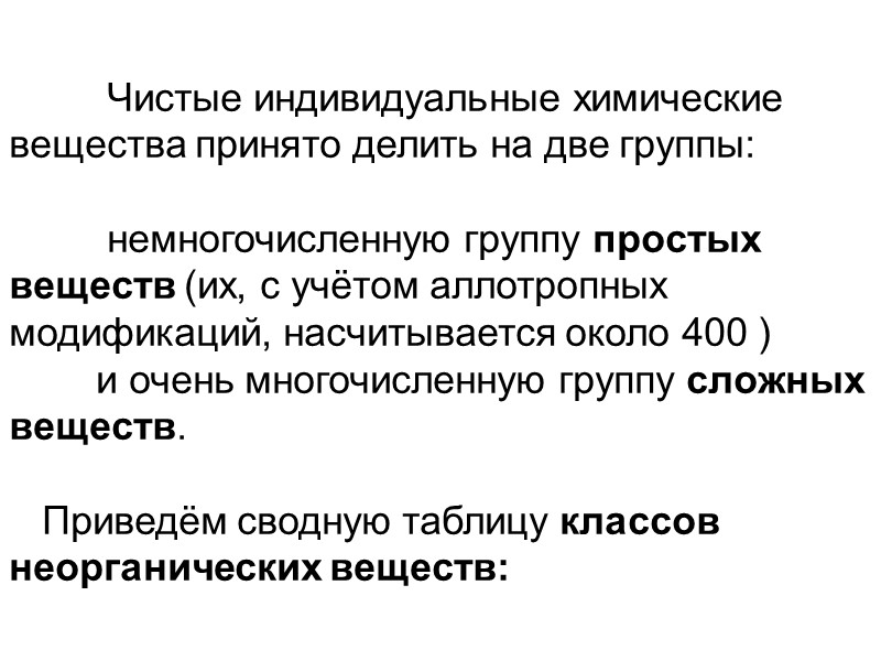 Чистые индивидуальные химические вещества принято делить на две группы:     